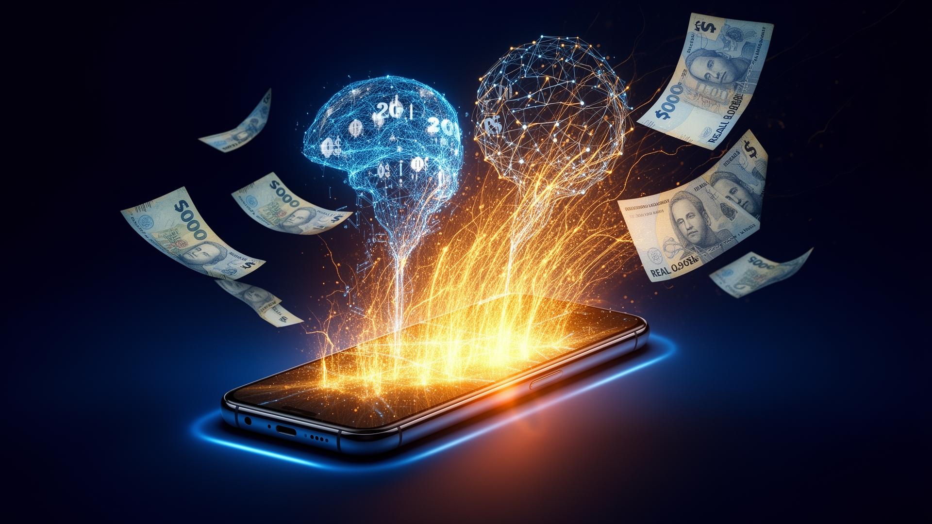 Pessoa usando celular com inteligência artificial para aprender renda extra